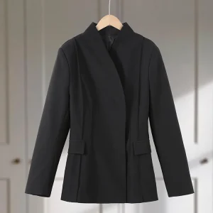 Elegant Women's Black Blazer Coat Long Sleeve Stand Collar Buckle Thick Jacket Female 2026 Spring Autumn Lady Commute Outwear