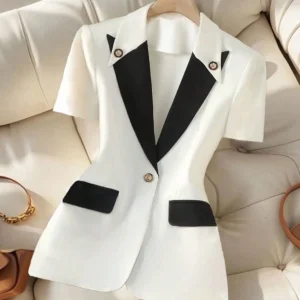 Women's White Black Contrast Blazer 2026 Short Sleeve Peak Lapel One Button Fitted Waist Office Blazer