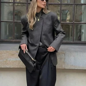 HH Women Casual Asymmetrical Dark Grey Blazer One Button Long Sleeve Jacket Coats 2026 Trend Vintage Solid Office Blazers