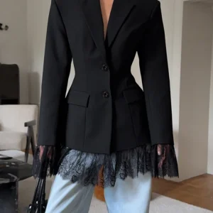Elegant Lace Blazer Coat Women Fashion Office Lady Full Sleeve Single Breasted Jackets 2025 New Autumn Black Casual Slim Coats