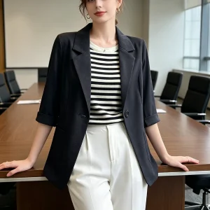 Summer Thin White Blazer Women 3/4 Sleeve Loose Fit Office Suit Jacket Elegant Business Formal Work Coat