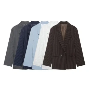 Women's Old Money Style Ovesized Striped Blazer Coat Long Sleeve Front Pockets Chic Oversize Top Female Outerwear