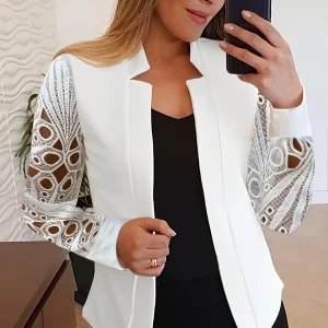 Women Solid Lace Full Sleeve Tailored Coats Strand Collar Cardigan Blazer Regular Fir Office Ladies Jackets Autumn 2023
